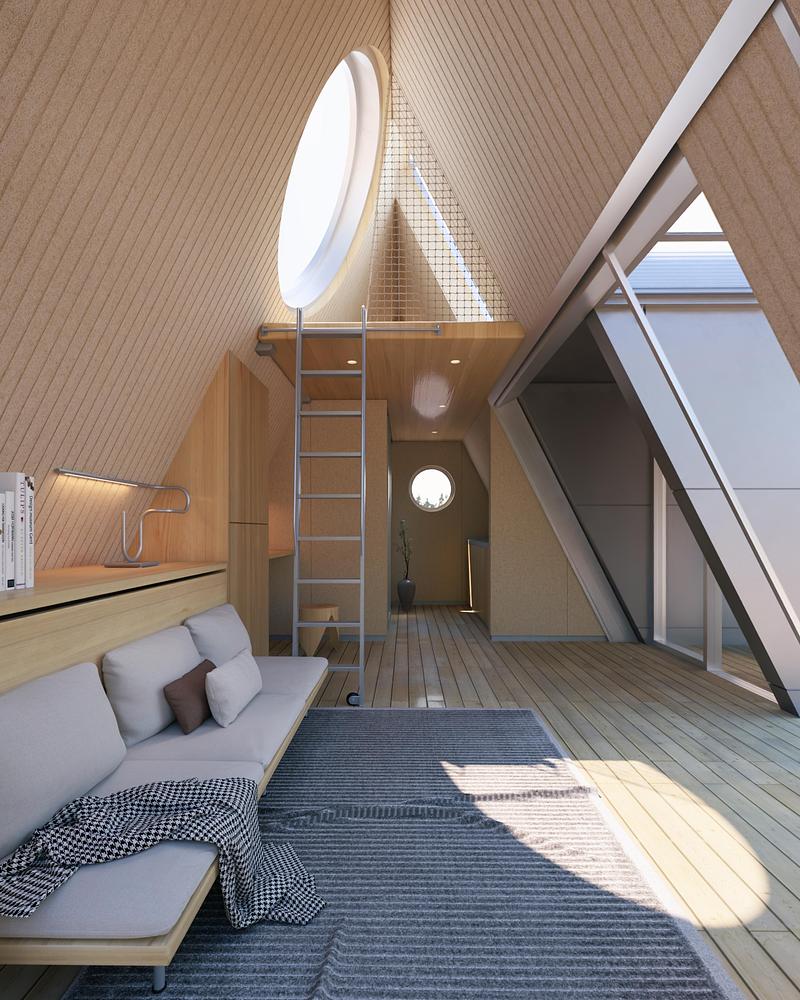 Interior Camping House dengan atap segitiga dan ruang duduk