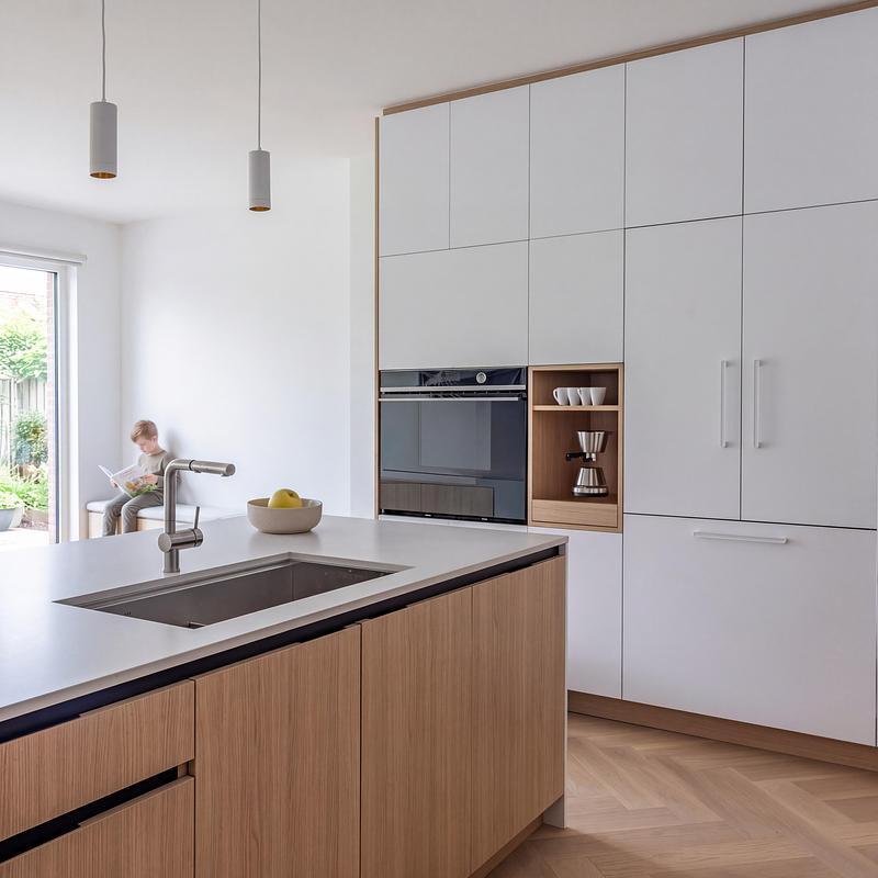 Dapur unit A Haus A36 dengan island dan lantai kayu