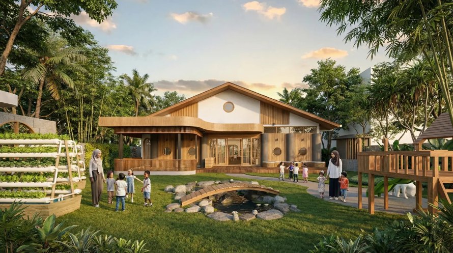 Visualisasi Harmony Montessori School dengan taman dan kolam alami di Mataram