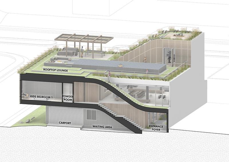Diagram potongan Split Mass Residence yang memperlihatkan teater, kolam, dan atap hijau